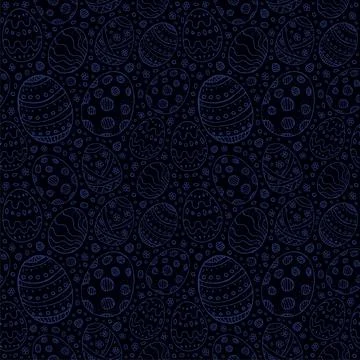 Seamless background with blue contour Easter eggs on a dark background 스톡 일러스트