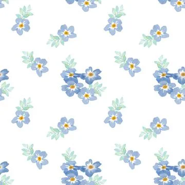 Seamless background with blue forget me not doodles, blue flowers on white ba Stock Illustration