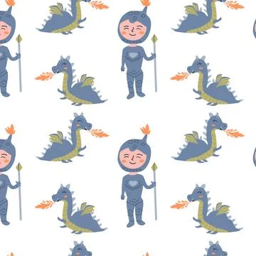 Seamless background with boy knight and dragon animal Stock Illustration