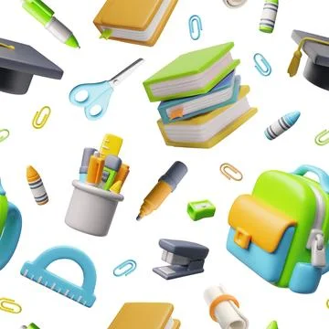 Seamless background with bright 3D school supplies: backpack, books, scissors Stock Illustration