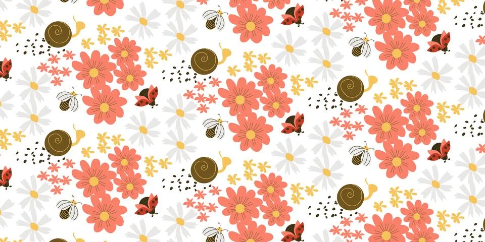 Seamless background with bugs and bees and snails with ditsy flower Stock Illustration