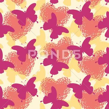 Seamless background, butterflies and hearts Stock Illustration