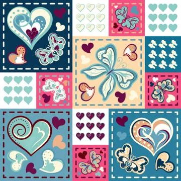 Seamless background with butterflies hearts in patchwork style. Vector Stock Illustration