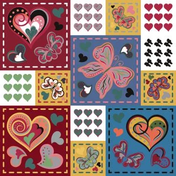 Seamless background with butterflies hearts in patchwork style. Vector イラスト素材