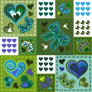 Seamless background with butterflies hearts in patchwork style. Vector イラスト素材