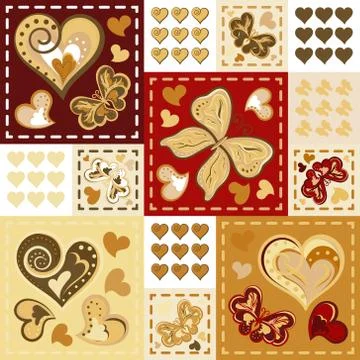 Seamless background with butterflies hearts in patchwork style. Vector 스톡 일러스트