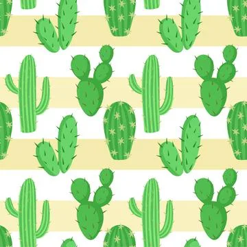 Seamless background with cacti. Various cacti on the sand. Succulents in a Stock Illustration