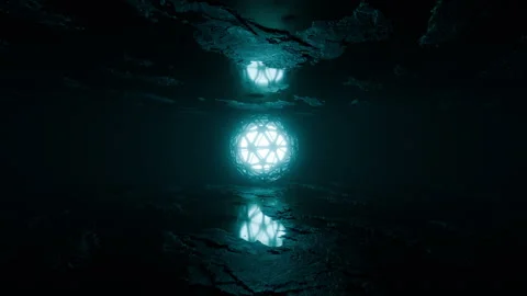 Seamless background, camera flying around glowing blue energy sphere inside cave Stock Footage 291690068