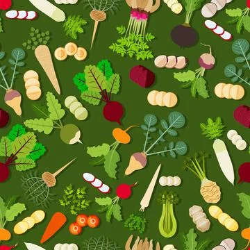 Seamless background with carrot, Beetroot, Celery, Parsley, Daikon, Parsnip Stock Illustration
