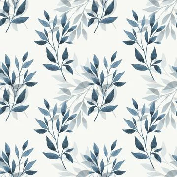 Seamless background with chambray blue leave doodles on bright grey backgroun Stock Illustration
