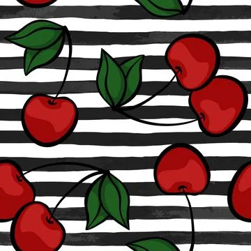 Seamless background with cherry on black and white watercolor stripes . des.. Stock Illustration