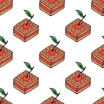 Seamless background with cherry cakes. Endless pattern on white background. 스톡 일러스트