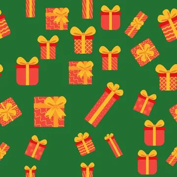 Seamless background with Christmas boxes and gifts. Christmas packaging, new  Stock Illustration