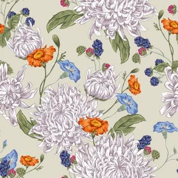 Seamless Background with Chrysanthemums Stock Illustration