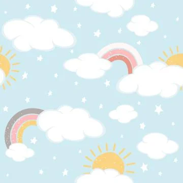 Seamless Background with Clouds and Rainbows on Blue Sky Stock Illustration