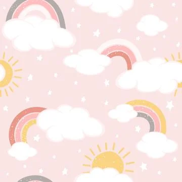 Seamless Background with Clouds and Rainbows on Pink Sky Stock Illustration