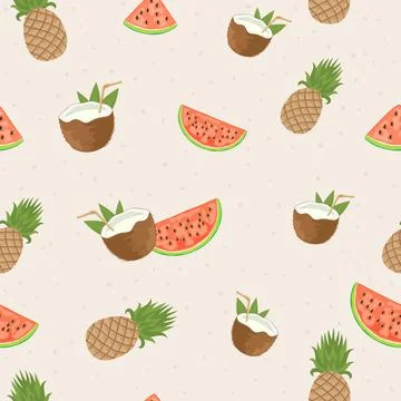 Seamless Background with Coconut Pineapple and Watermelon Stock Illustration