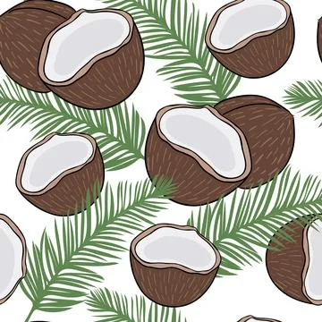 Seamless background with coconuts and palm branches. Solid repeating pattern. Stockillustratie