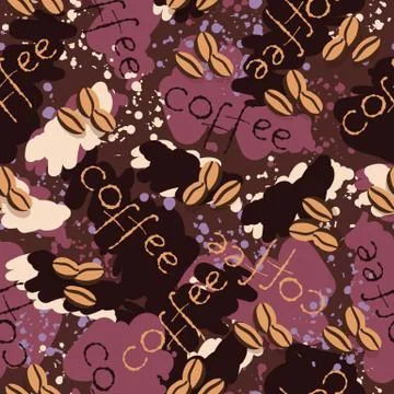 Seamless background with coffee beans splashes and lettering Illustrazione stock