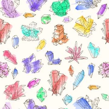 Seamless background with colored doodle crystals on white background Illustrazione stock