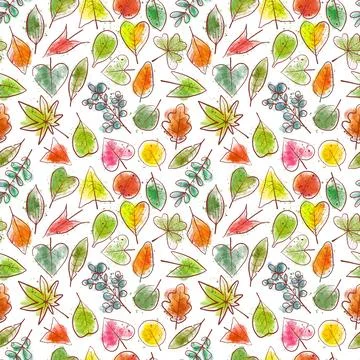 Seamless background with colored doodle green, yellow and red leaves. Can be Stock Illustration