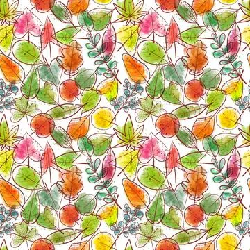 Seamless background with colored doodle green, yellow and red leaves. Can be Stock Illustration