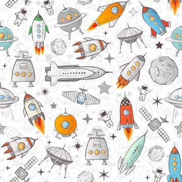 Seamless background with colored space rockets and other space elements Stock Illustration