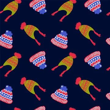 Seamless background of colored winter hats. Cartoon cute hats for the pattern Stock Illustration
