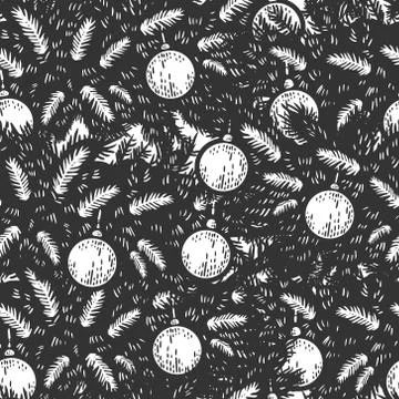 Seamless background, coniferous tree, branch with New Years toys. Engraving Stock Illustration