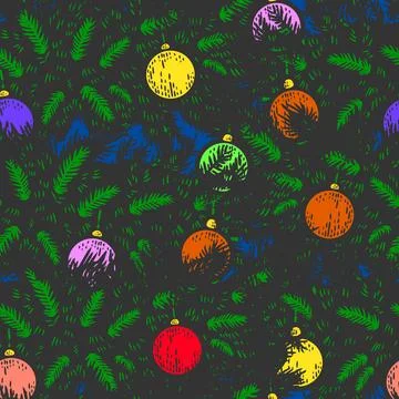 Seamless background, coniferous tree, branch with New Years toys. Engraving Stock Illustration