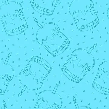 Seamless background with contour drawing of Easter cake with candle 스톡 일러스트