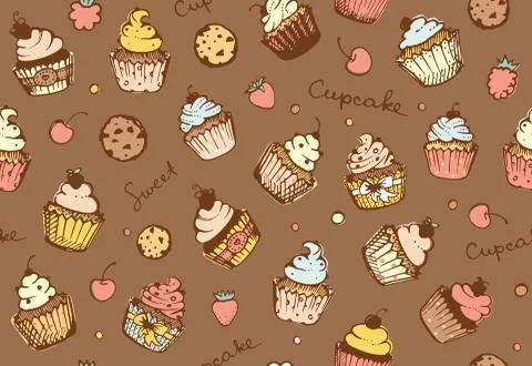 Seamless background with cupcakes. Vector pattern Stock Illustration