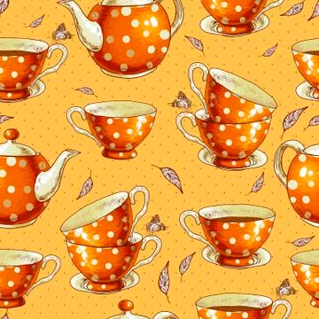 Seamless background with cups of tea and pots Stock Illustration