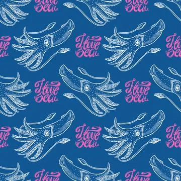Seamless background of cute squids 库存插图