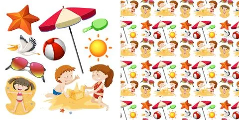Seamless background design with beach objects Stock Illustration