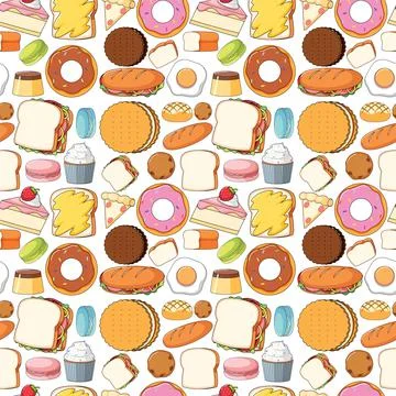Seamless background design with bread and desserts Stock Illustration