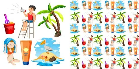 Seamless background design with isolated objects theme summer Stock Illustration