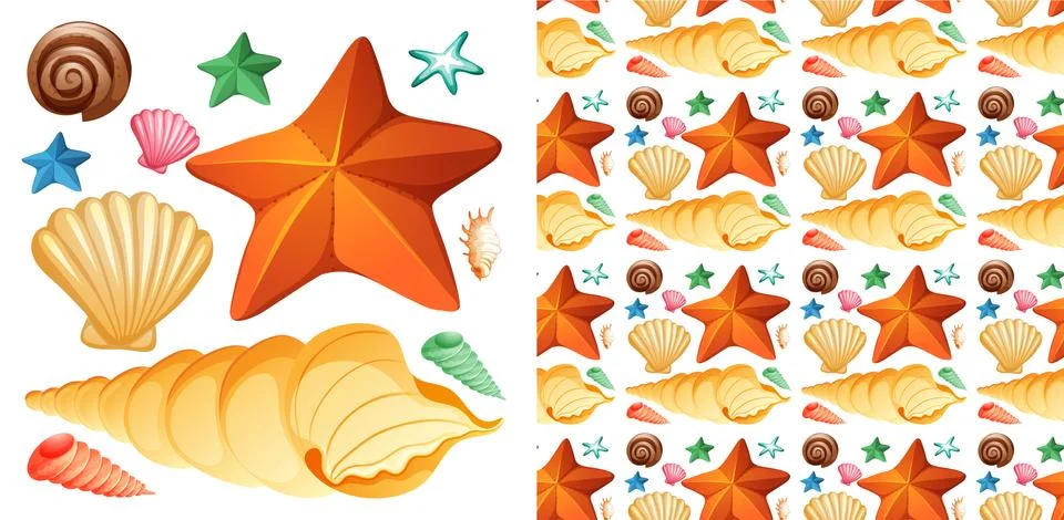 Seamless background design with isolated set of seashells and starfish 스톡 일러스트