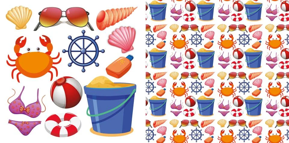 Seamless background design with isolated set of beach objects Stock Illustration