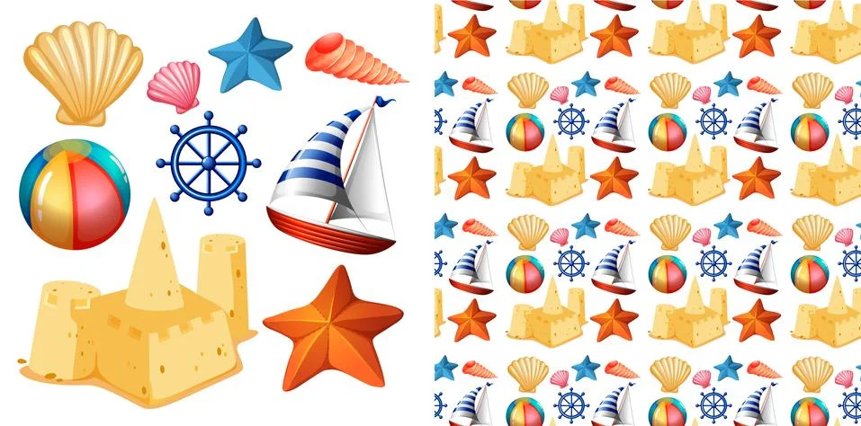 Seamless background design with isolated set of beach objects Stock Illustration