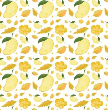 Seamless background design with mango and yellow flowers Illustrazione stock