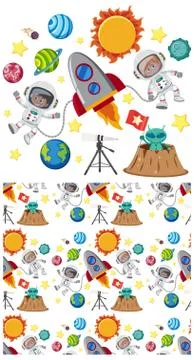 Seamless background design with planets in space Illustrazione stock