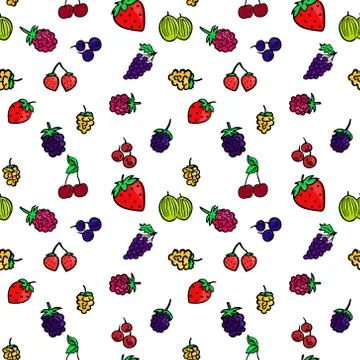 Seamless background with different berries. Bright berry pattern. Stock Illustration