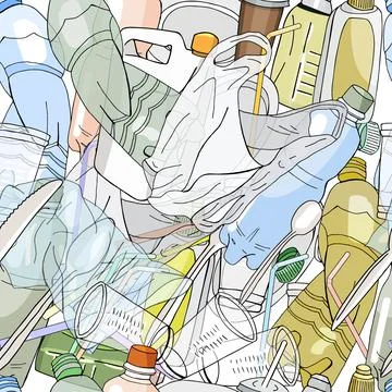 Seamless background with different kinds of garbage. Stock Illustration