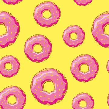 Seamless background with donuts with pink glaze on yellow background. Stock Illustration