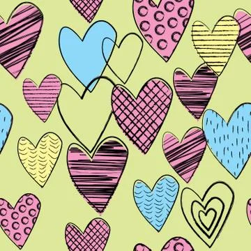 Seamless background with doodle colored hearts Stock Illustration