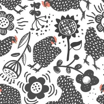 Seamless background of doodle hand drawn flowers, roosters, and hens. Vector Stock Illustration