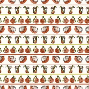 Seamless background dragon fruit juice. Gender neutral kid food pattern. Simple Stock Illustration