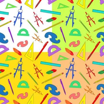 Seamless background of drawing accessories on different colors Stock Illustration