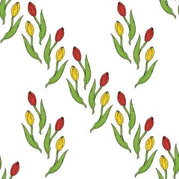 Seamless background of drawing red and yellow tulips. Endless pattern Illustrazione stock
